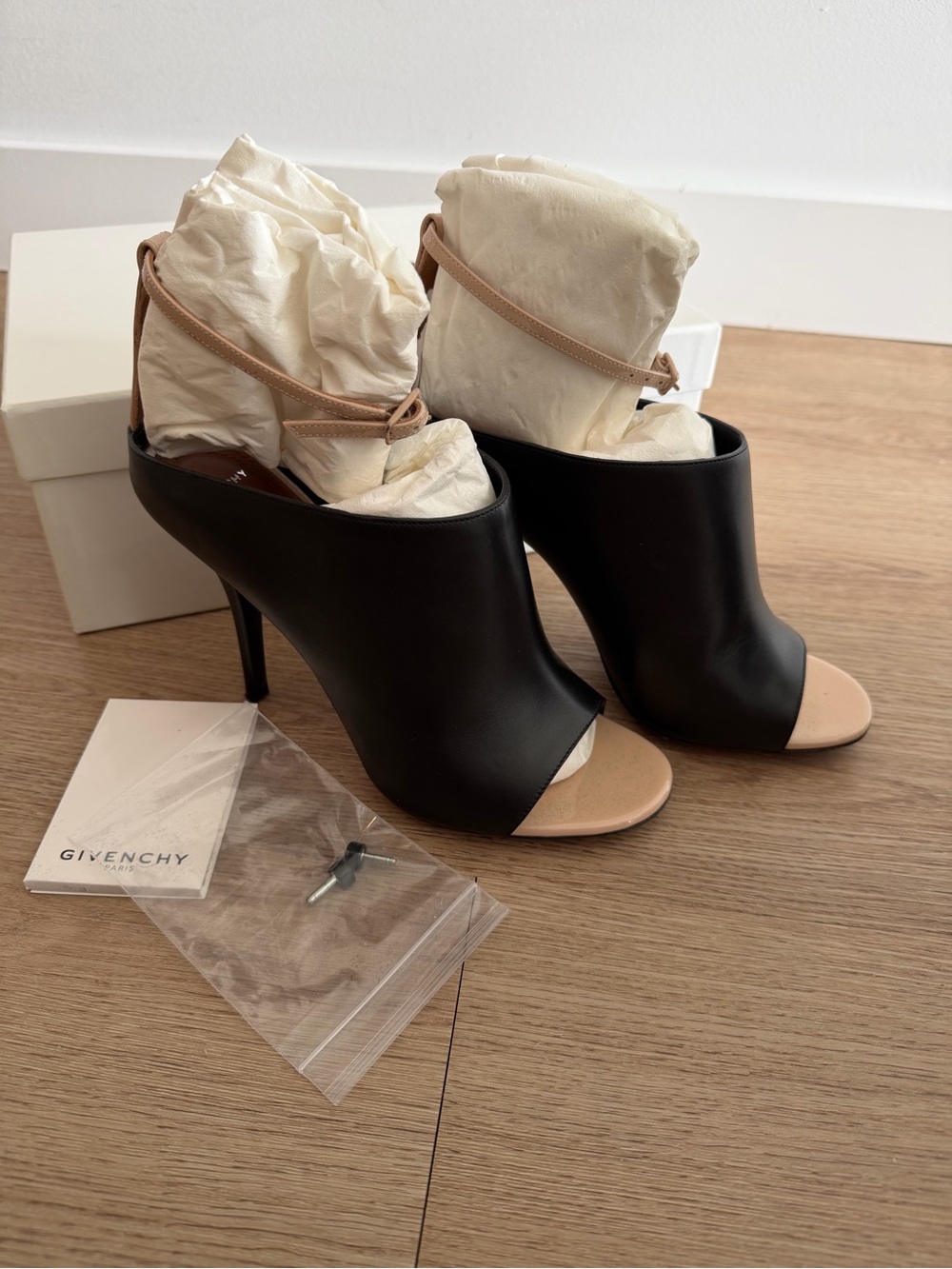 Givenchy Black Leather Open-Toe Mules with Nude Ankle Strap